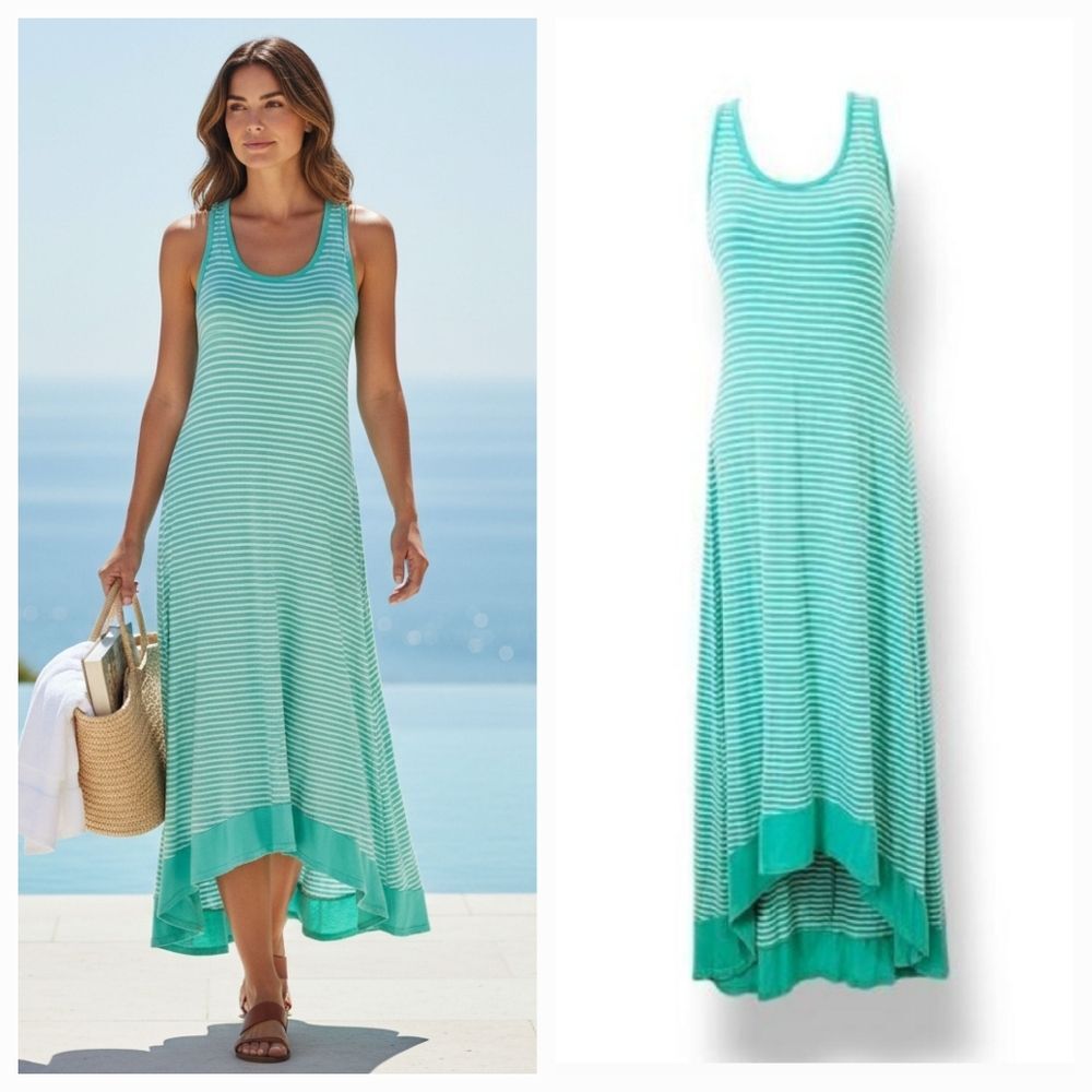 NEW Vintage 90s Y2K Mulata Racerback Tank Striped Maxi Dress in Turquoise Sz S